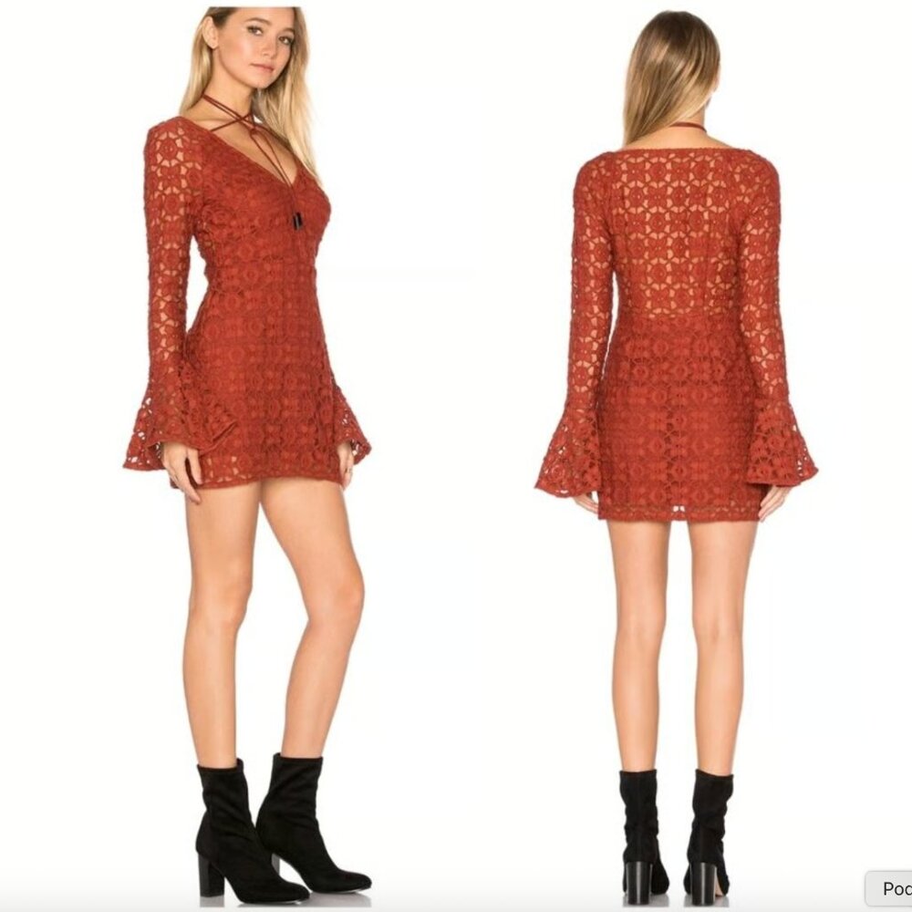 {Free People} Boho Back to Black Terracotta Lace Bell Sleeve Mini Dress - Size 4